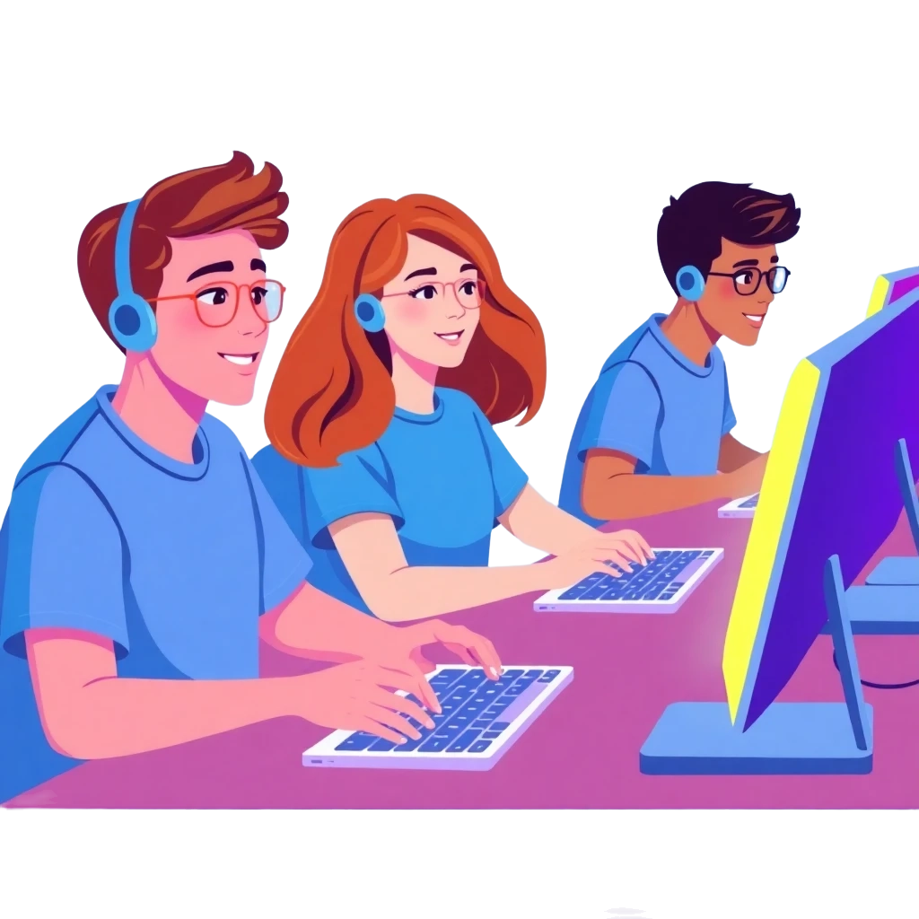 Professional illustration of diverse students working on computers with glowing screens, learning coding and tech skills in a modern environment