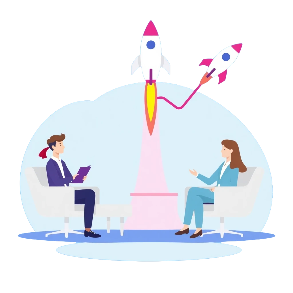 professional illustration of young graduates in interview settings and getting job offers, with rocket elements showing career acceleration, modern flat design style with blue and purple color scheme
